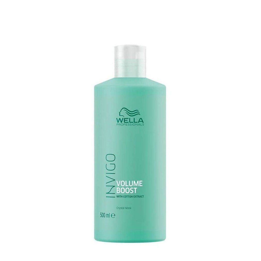 Türkisgrüne Flasche mit weißem Deckel. Aufschrift: Invigo, Volume Boost, Wella Professionals. Volumen: 500 ml.