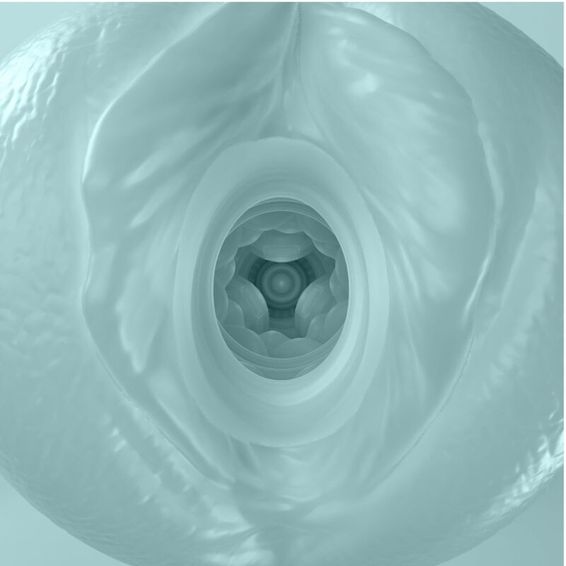 Hellblaues Masturbationsspielzeug, Innenansicht. Mehrere konzentrische, geriffelte Ringe.