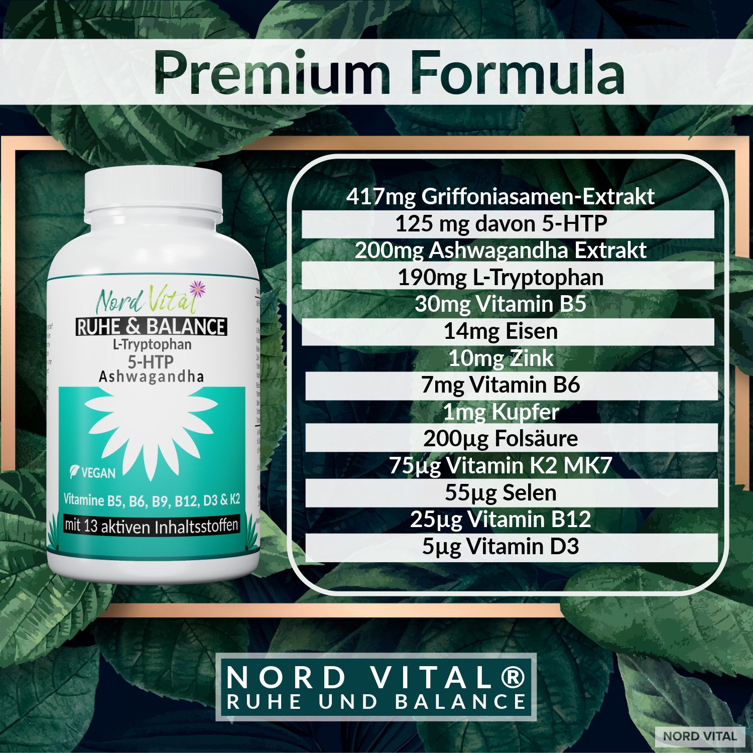 Nord Vital Ruhe & Balance – 13-in-1 Serotonin Komplex – 5-HTP 125 mg aus Griffonia, Ashwagandha, uvm