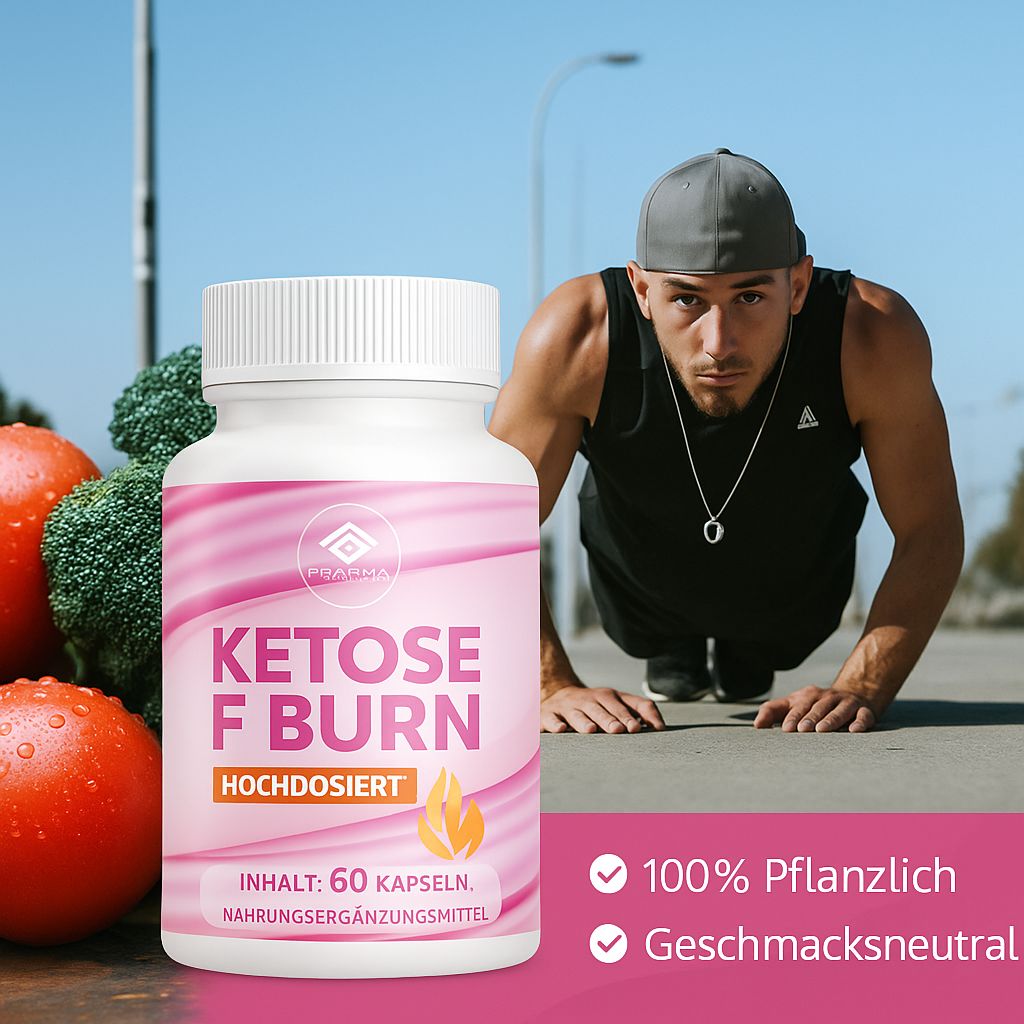 Weiße Flasche mit rosa Etikett. Aufschrift: Ketose F Burn, 60 Kapseln. Pharma Health Logo. Mann im Hintergrund.