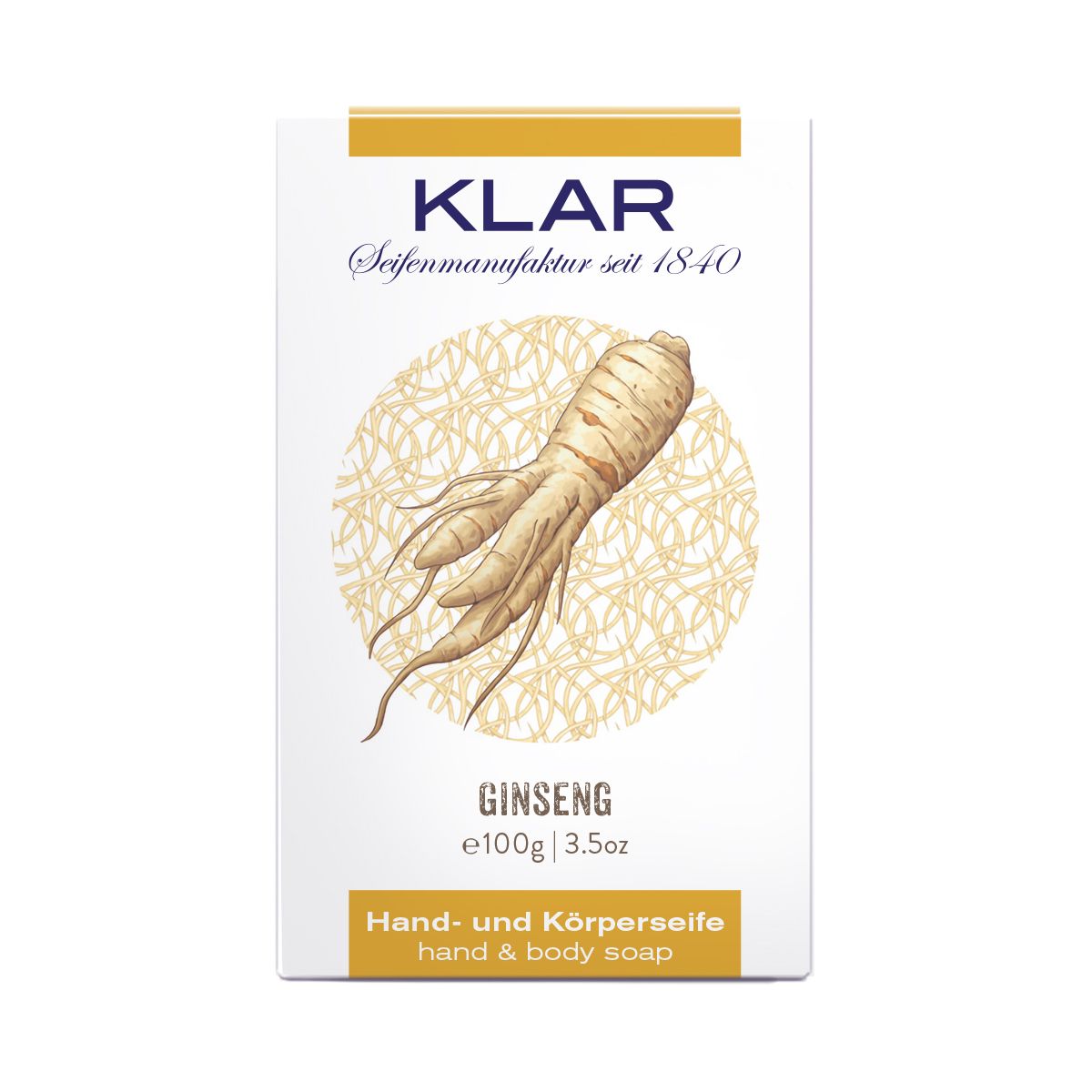 Verpackung mit Ginseng-Illustration, "KLAR", "Hand- und Körperseife" und Gewichtsangabe.