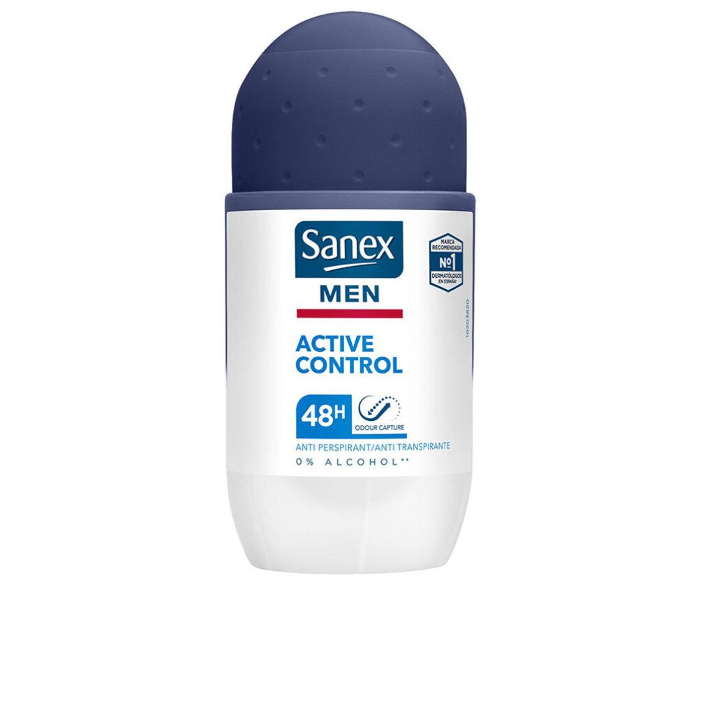 Sanex Men Active Control Roll-On. Weißes Gehäuse, blauer Deckel. Text: MEN, ACTIVE CONTROL, 48H. Anti-Transpirant, 0% Alkohol.