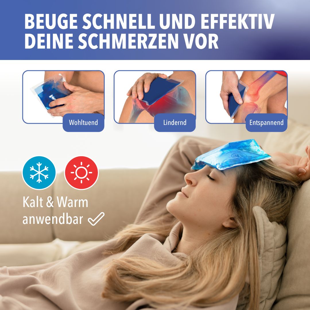 Frau liegt mit Kalt-Warm-Kompresse auf der Stirn. Drei Bilder zeigen Anwendung. Text: Kalt & Warm anwendbar.