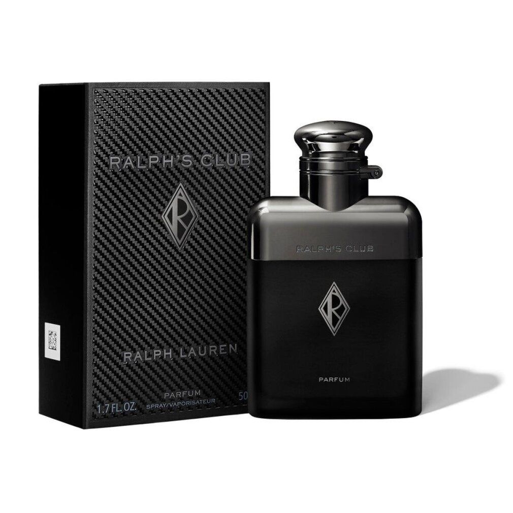 Schwarzer Flakon und Schachtel. Aufschrift RALPH'S CLUB, RALPH LAUREN, PARFUM. Flakon mit silbernem Verschluss und Logo.