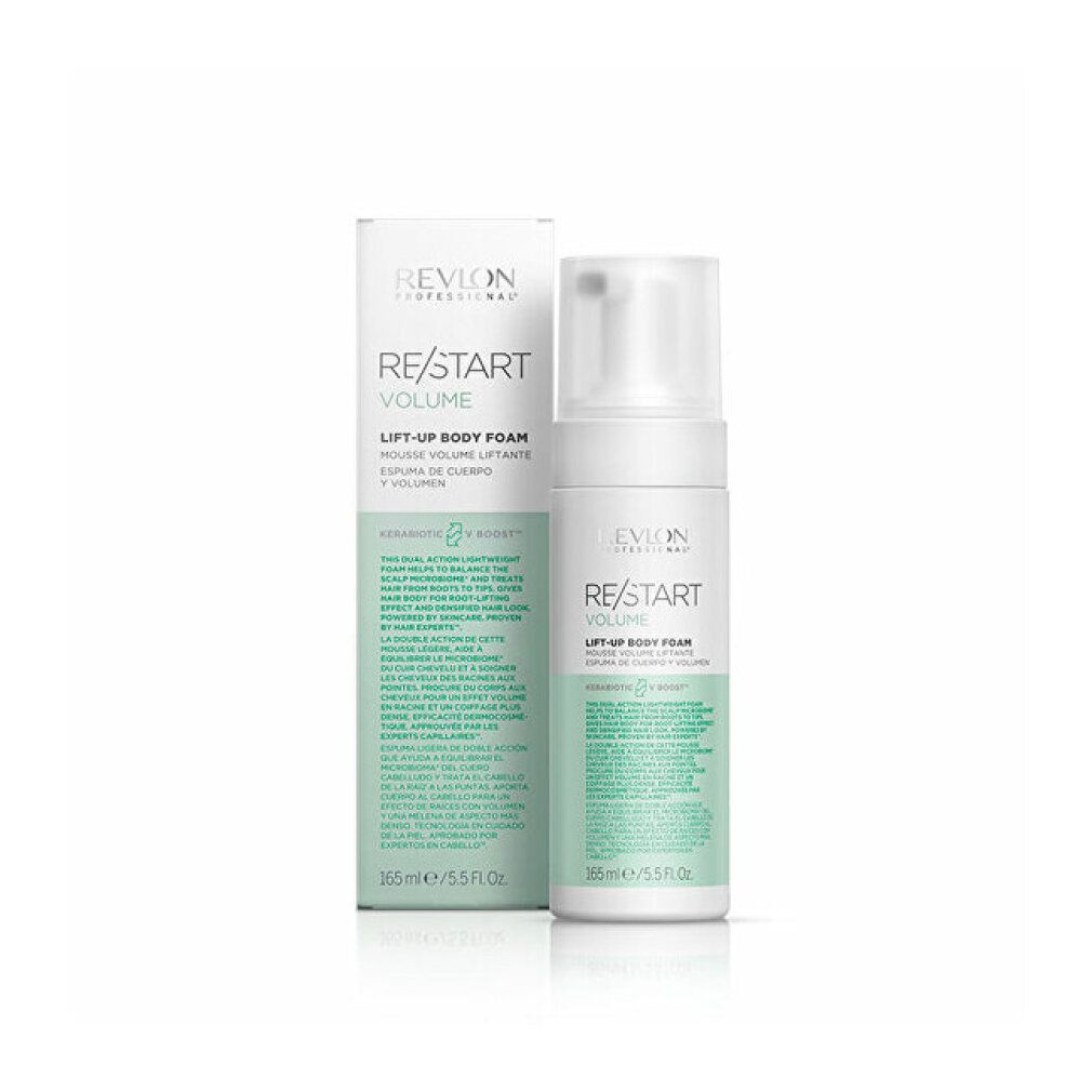 Revlon Re-Start Volumen Lift-Up Schaum Flasche und Kartonverpackung.