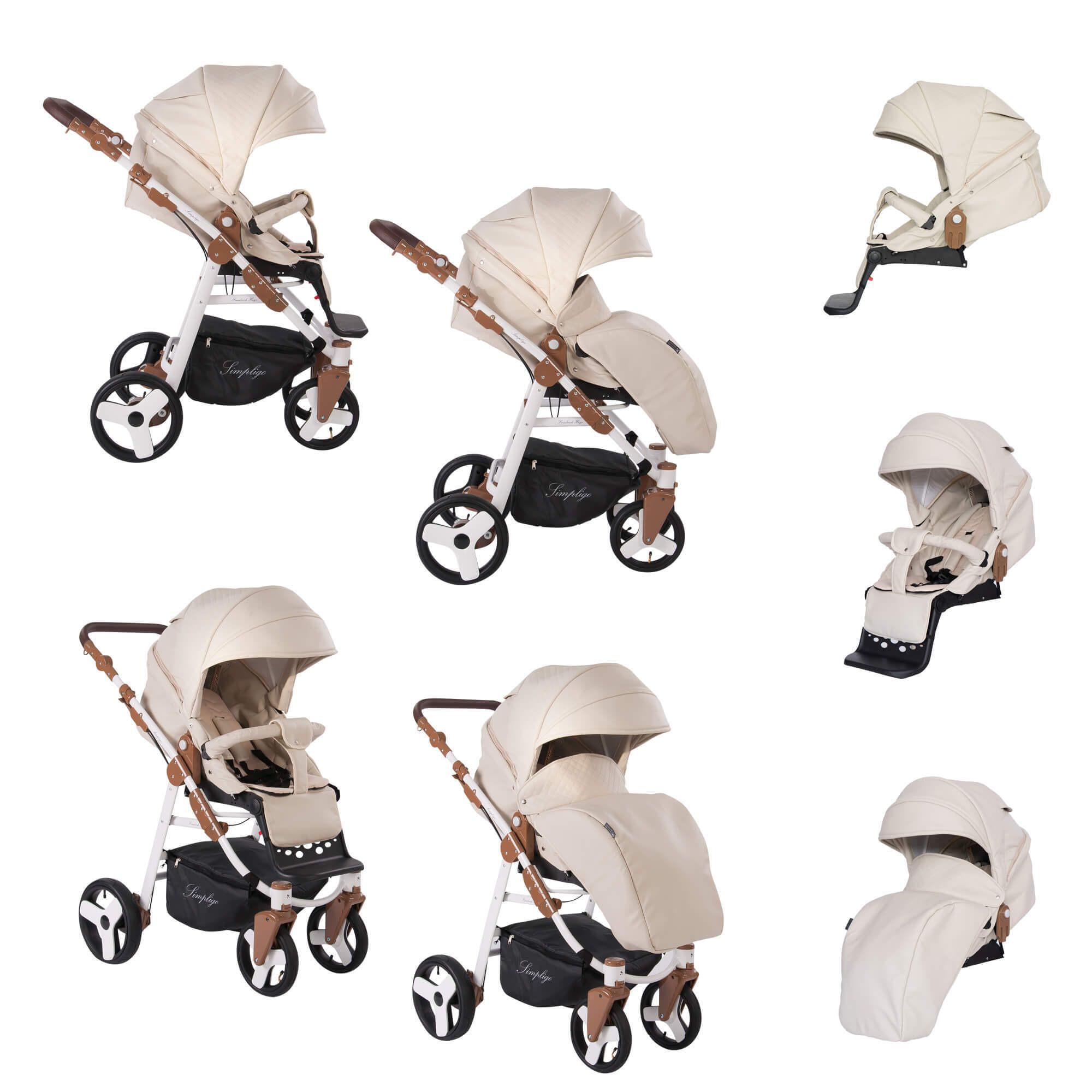 Kinderwagen, Sandfarbenes Kunstleder, braune Akzente. Verschiedene Konfigurationen: Sitz, Tragetasche, Sonnenschutz. Marke Simpligo.