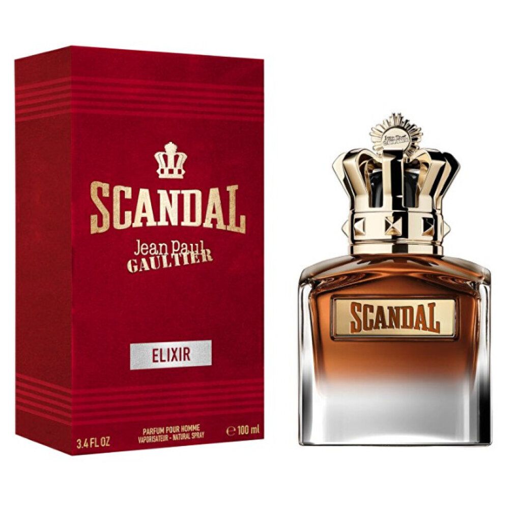Parfumflakon mit goldfarbenem Kronenverschluss und roter Verpackung. Aufschrift "SCANDAL" und "ELIXIR".