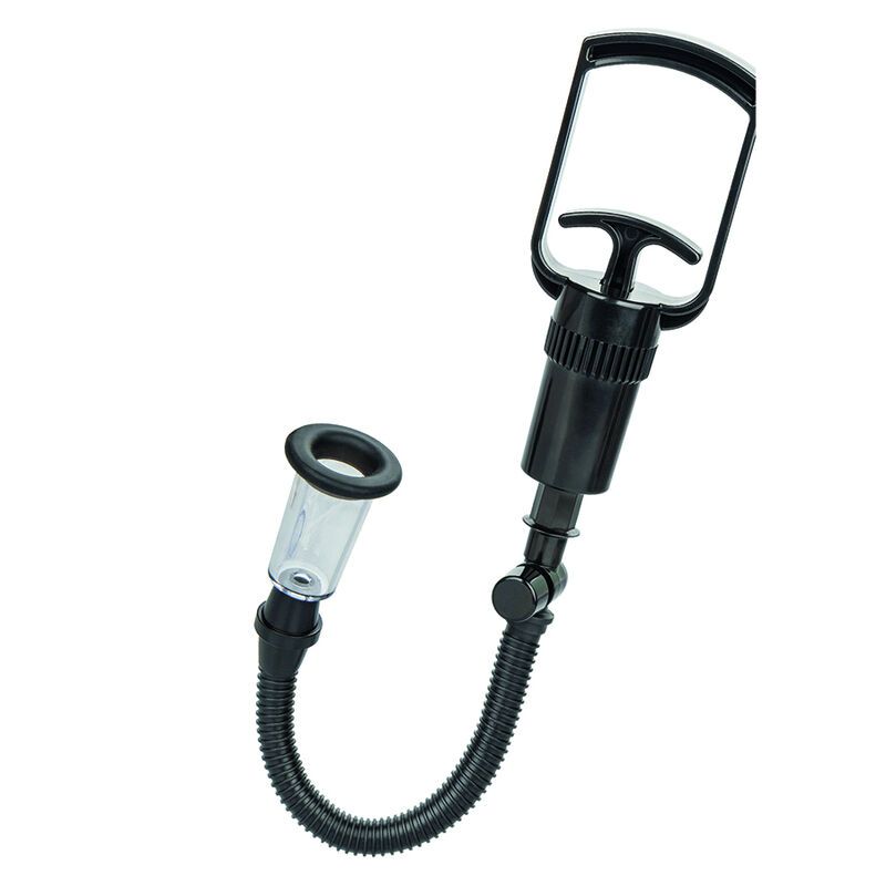 Schwarze Pumpe mit Schlauch und Zylinder. Transparenter Zylinder mit schwarzem Rand. Schwarzer Griff.