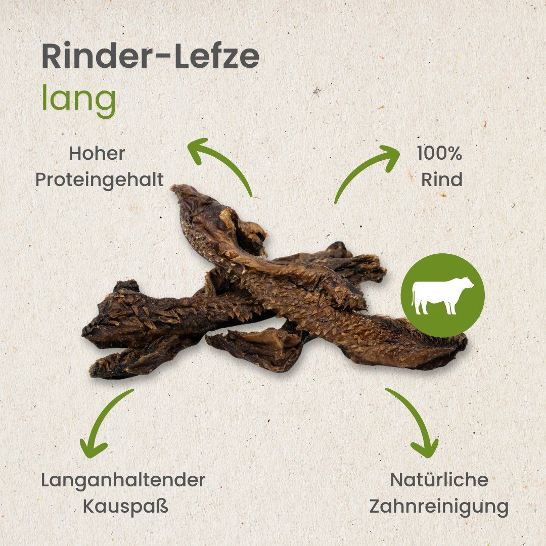 Lange Rinderlefzen, 100% Rind, hoher Proteingehalt.