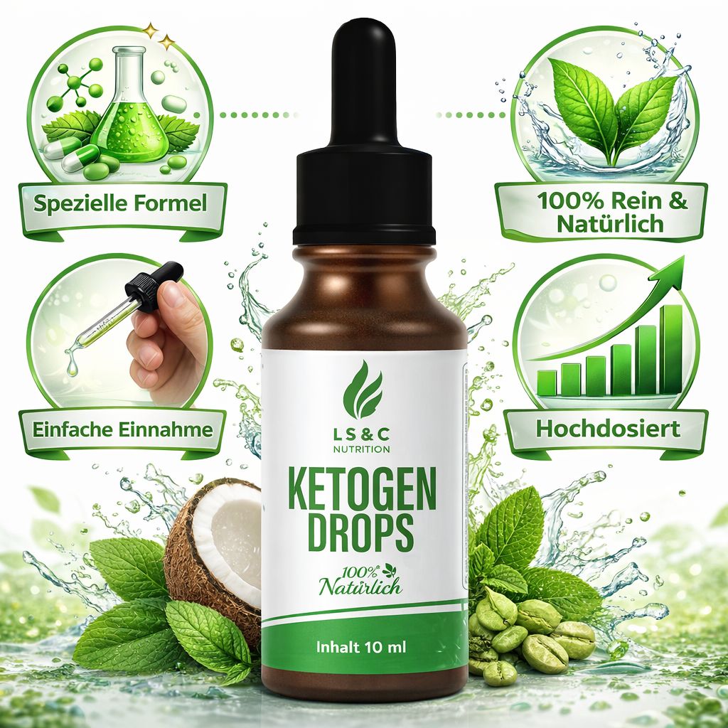 Braune Flasche mit schwarzem Tropfer. Aufschrift: LS & C Nutrition, Ketogen Drops, 100% Natürlich, Inhalt 10 ml. Umgebende Grafiken.