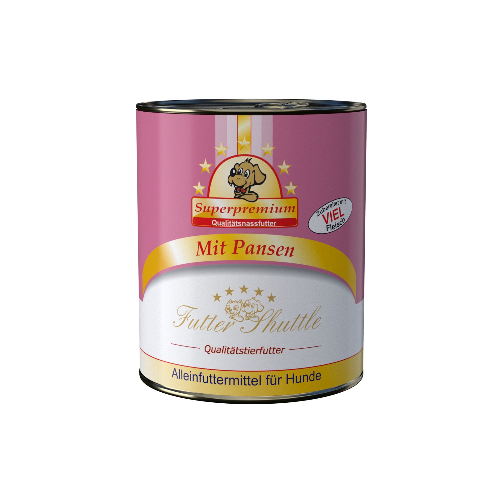 Hundefutter-Dose. Rosa Dose mit gelben Akzenten. Aufschrift: "Superpremium", "Mit Pansen", "Futter Shuttle".