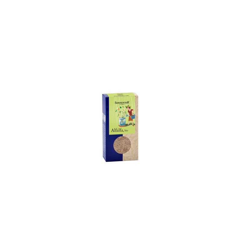 Verpackung mit Sonnentor Alfalfa bio. Blaue und beige Verpackung mit Produktabbildung und Schriftzug Alfalfa bio.