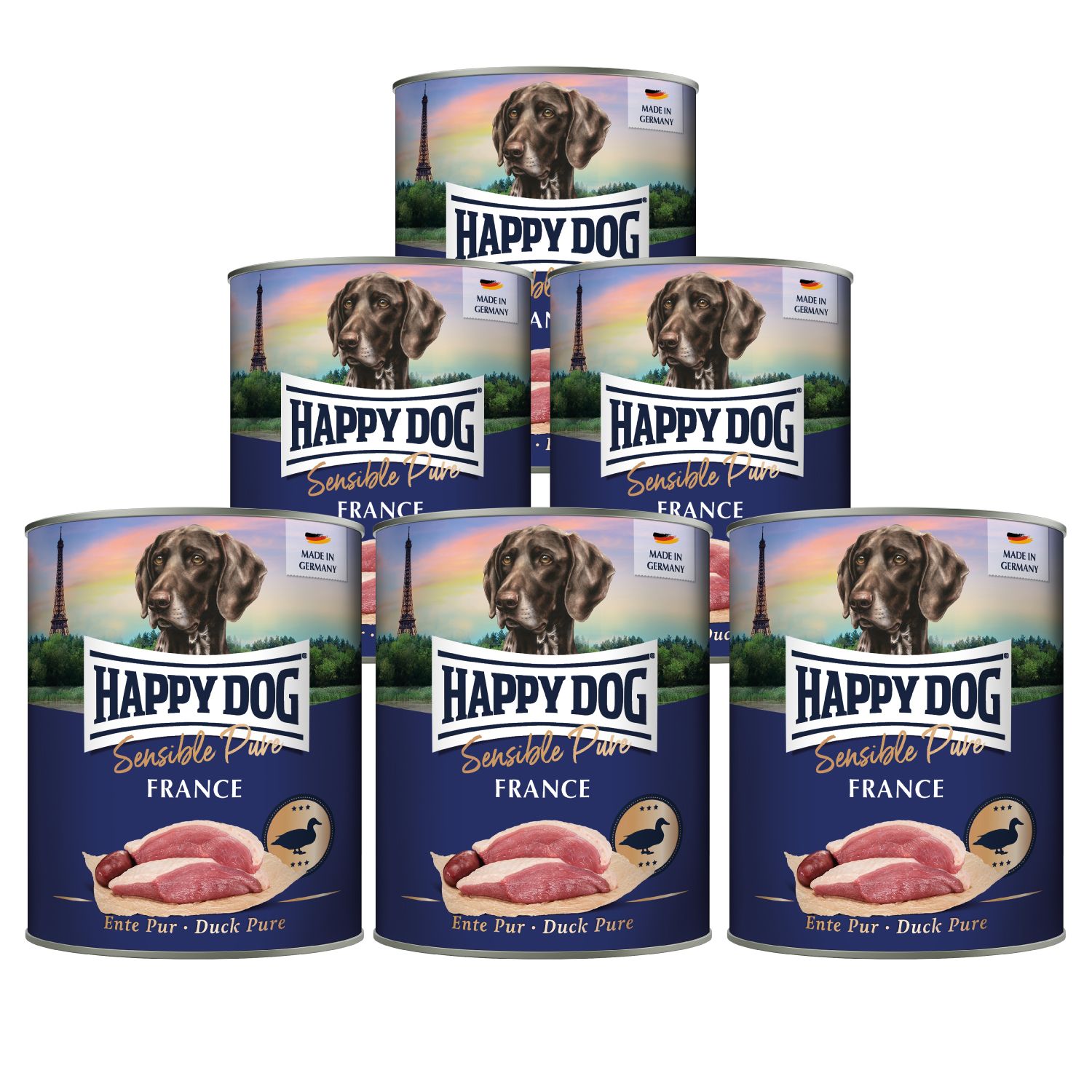 Mehrere Dosen Hundefutter. Aufschrift: Happy Dog Sensible Pure France. Abbildung eines Hundes und der Eiffelturm.