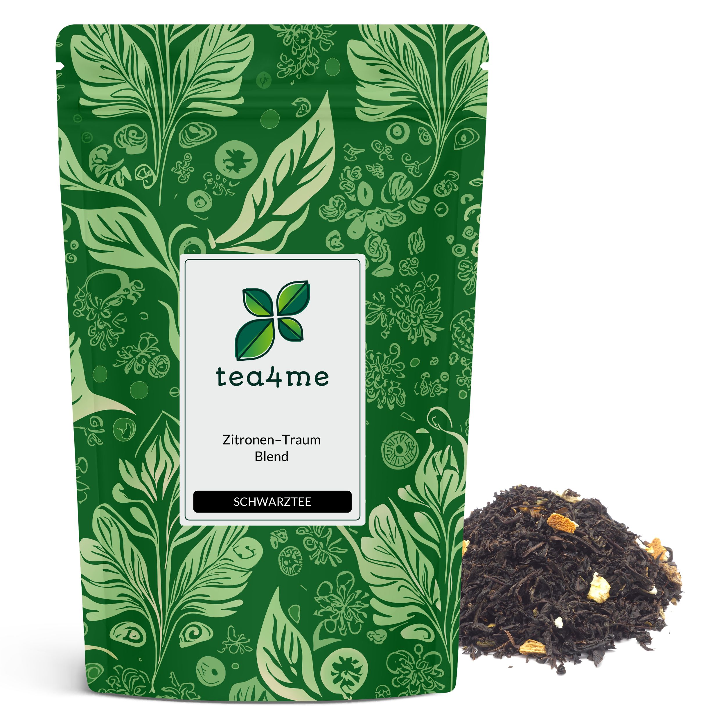 Grüner Beutel mit floralem Muster. Aufschrift: tea4me Zitronen-Traum Blend Schwarztee. Daneben loser Tee mit Zitronenstücken.