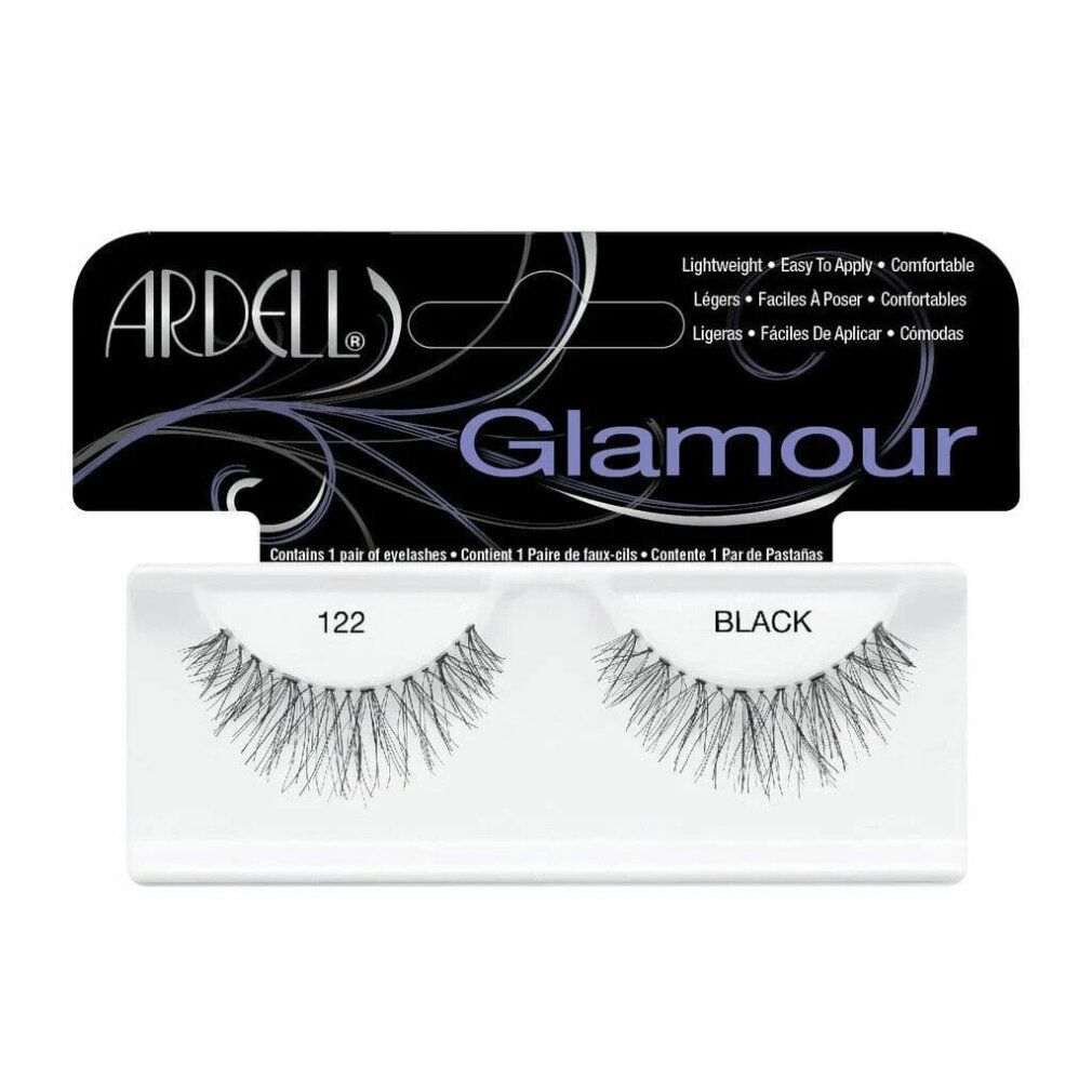 Ardell Glamour 122 Black. Schwarze falsche Wimpern in Verpackung. Marke und Produktbezeichnung deutlich sichtbar.