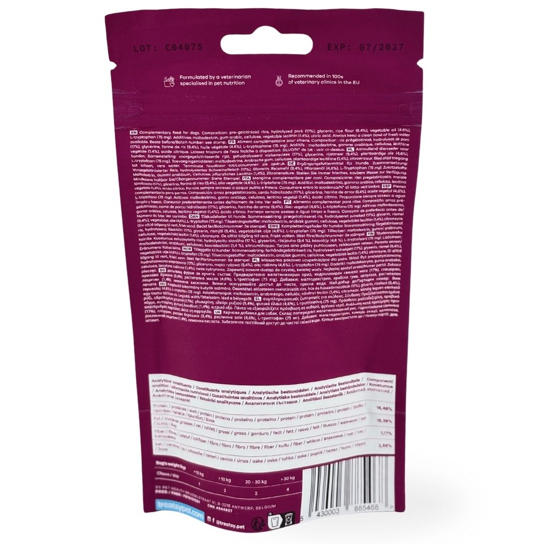Rückseite der Verpackung des Ergänzungsfuttermittels für Hunde. Enthält Text mit Inhaltsstoffen und Nährwertangaben. Marke: Treatsy.