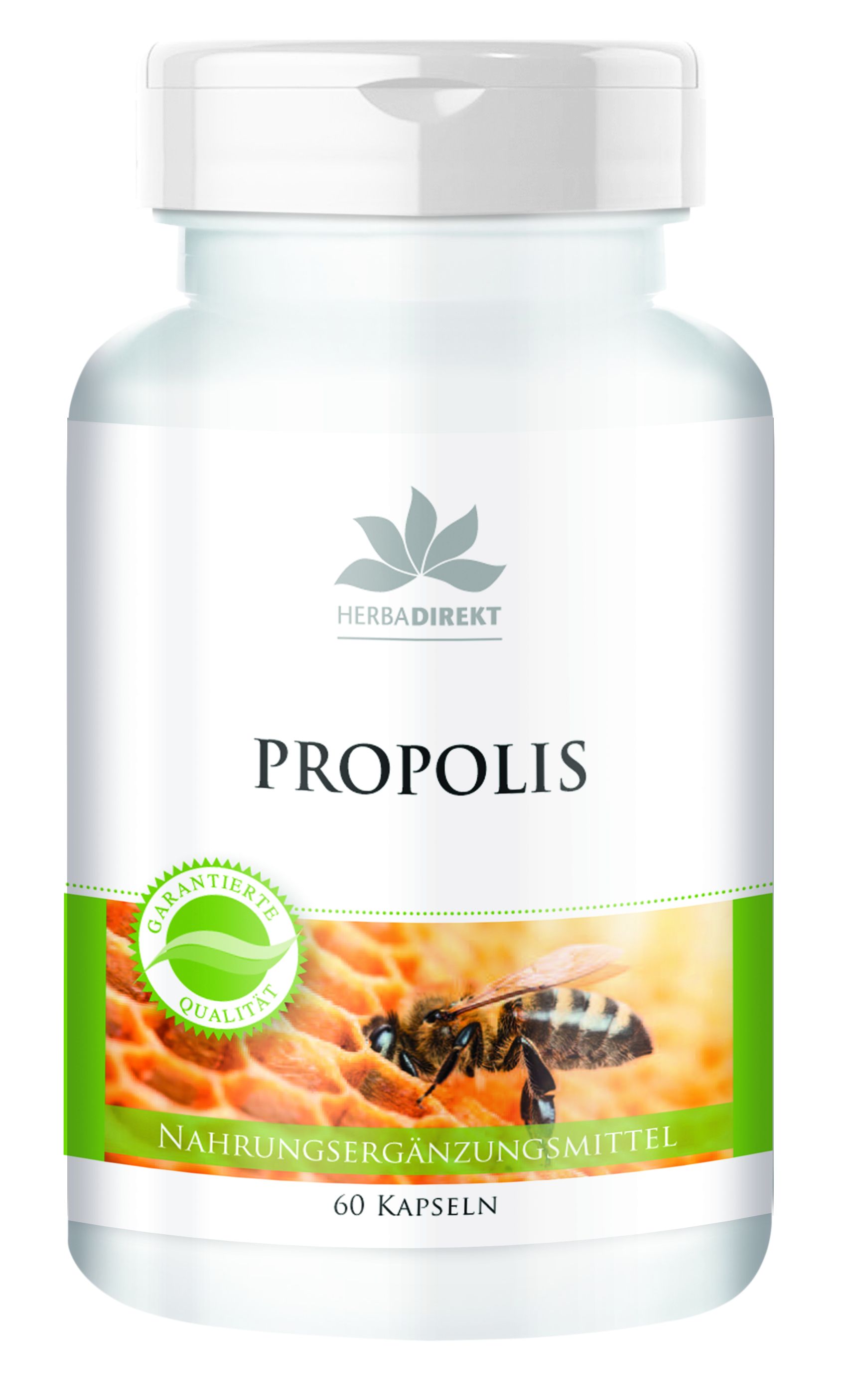 Weiße Flasche mit grünem Etikett. Aufschrift PROPOLIS, darunter Bienenwabe und Biene. 60 Kapseln. Herbadirekt Logo.