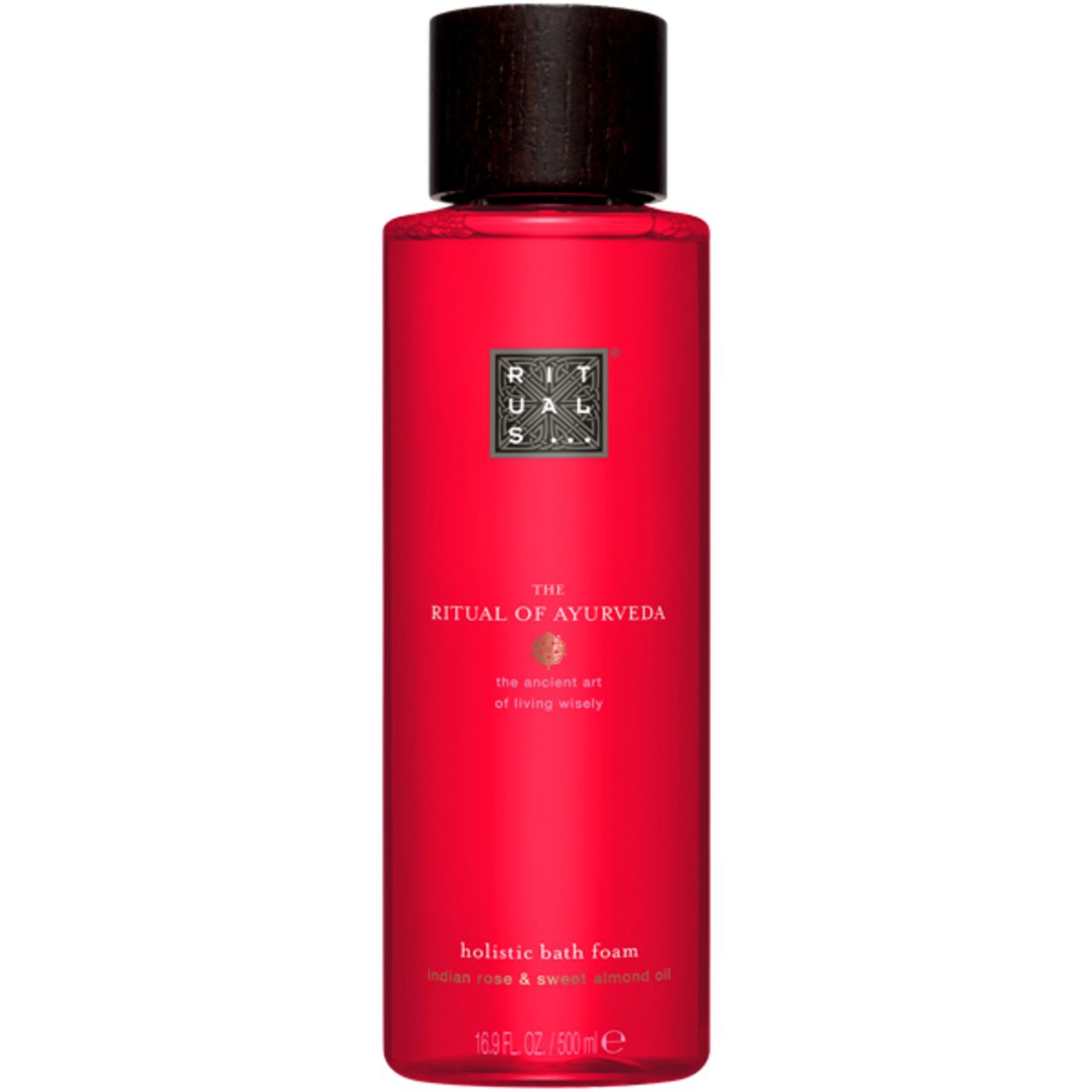 Rote Flasche mit schwarzem Deckel. Aufschrift: Rituals, The Ritual of Ayurveda, holistic bath foam. Unten: 16.9 fl.oz./500 ml.