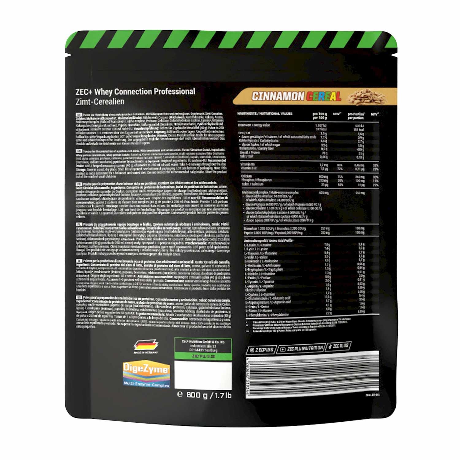 Rückseite der ZEC+ Whey Connection Professional Zimtcerealien Verpackung. Text und Nährwertangaben. 800 g / 1,7 lb.
