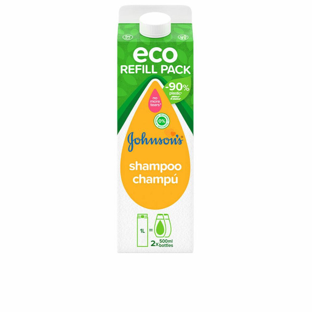 Nachfüllpackung mit grünem und weißem Design. Oben steht "Eco Refill Pack". Darunter "-90% weniger Plastik". Der Schriftzug "Johnson's shampoo champú" ist sichtbar.