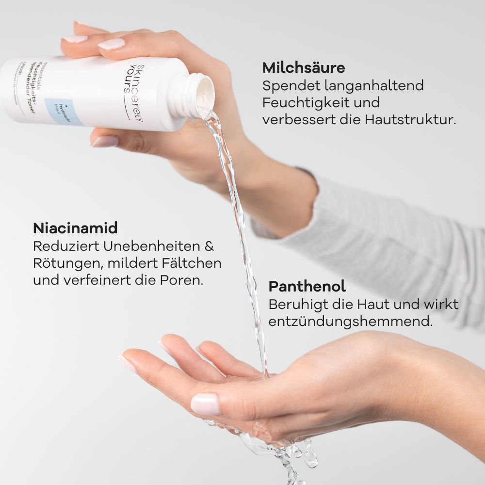 Skincerely Yours Toner wird in Hand gegossen. Inhaltsstoffe: Milchsäure, Niacinamid, Panthenol.