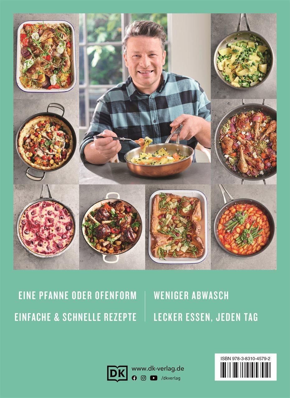 Rückseite des Kochbuchs ONE. Jamie Oliver mit Gerichten in Pfannen. Text: Weniger Abwasch, Einfache Rezepte.