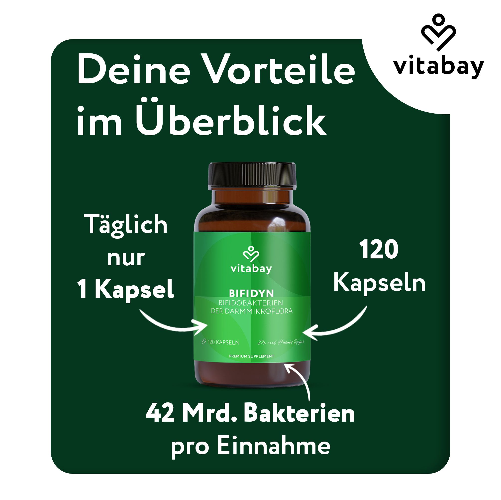 Braune Glasflasche mit grüner Beschriftung. Text: Bifidyn, 120 Kapseln, 42 Mrd. Bakterien pro Einnahme. Vitabay Logo.