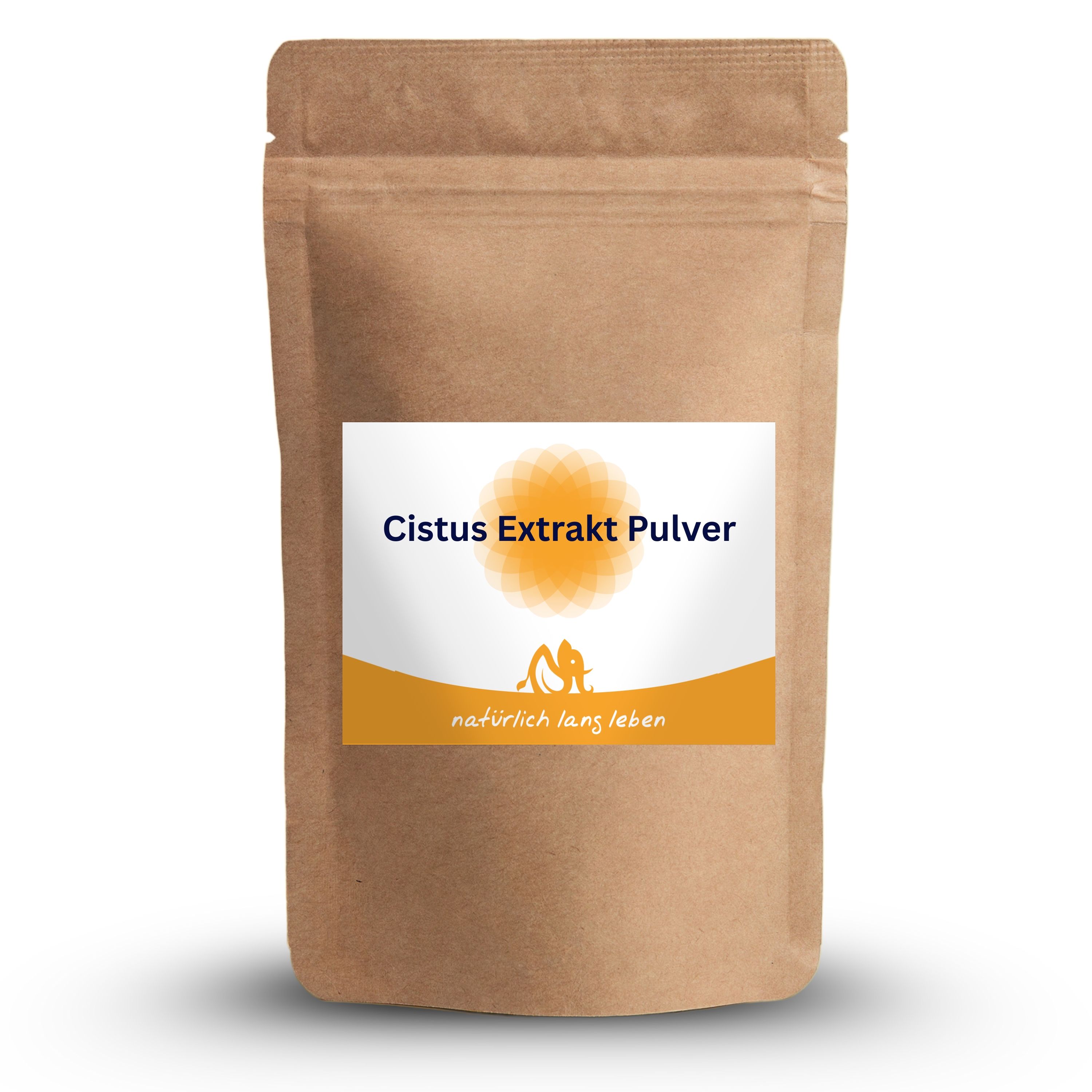 Beutel mit Cistus Extrakt Pulver. Aufkleber mit Produktname und Logo. Braune Papierverpackung.