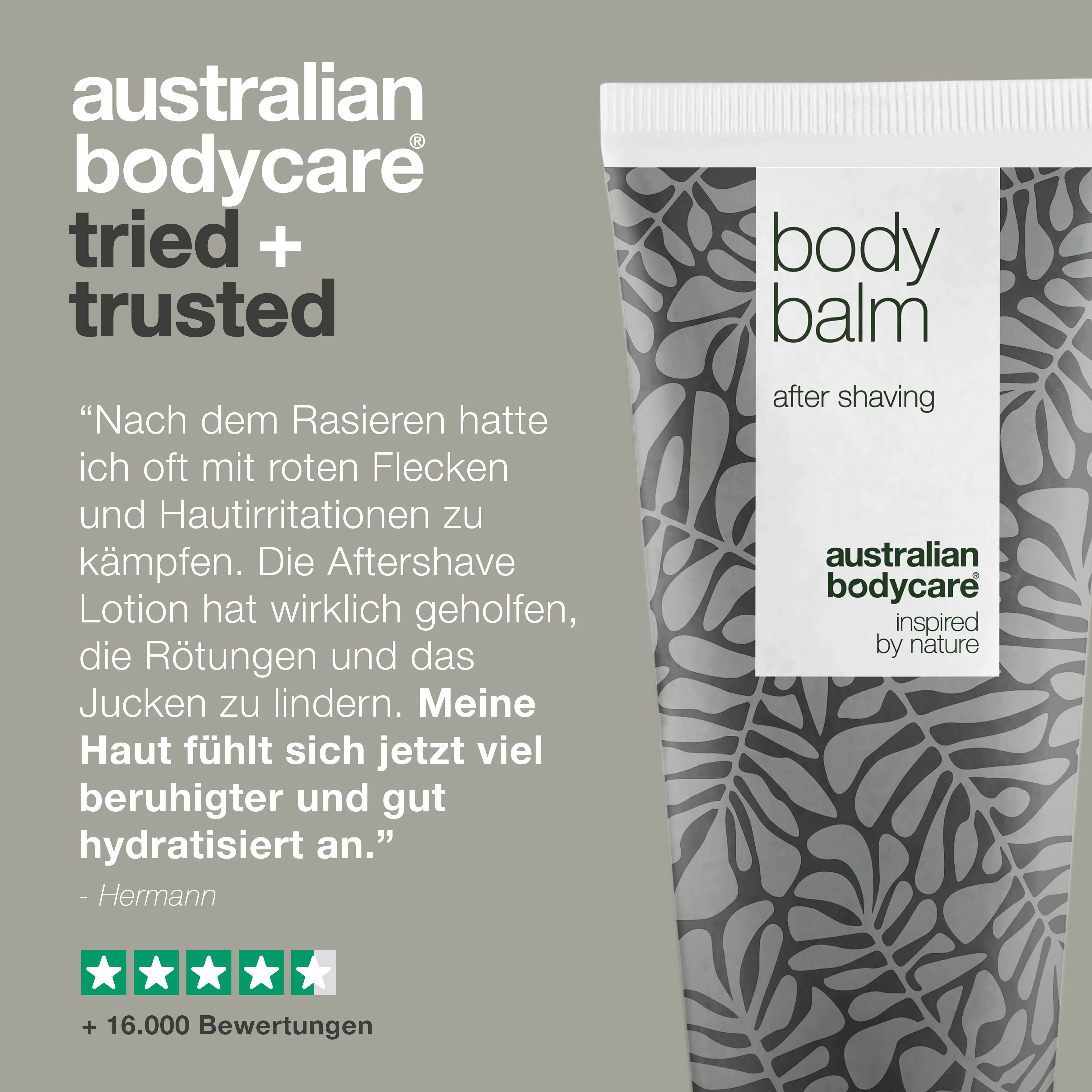 Tube After Shave Balsam. Text: Nach dem Rasieren hatte ich oft mit roten Flecken zu kämpfen. Australian Bodycare.