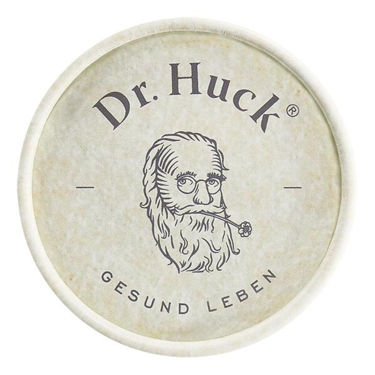 Deckel einer Pappdose mit "Dr. Huck"-Logo und Schriftzug "GESUND LEBEN".