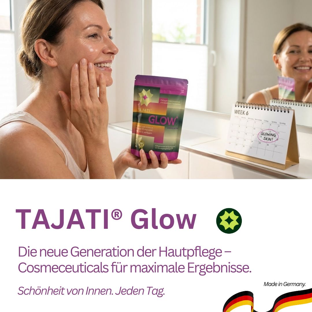 Frau mit Beutel. Text: TAJATI® Glow. Die neue Generation der Hautpflege - Cosmeceuticals für maximale Ergebnisse. Made in Germany.