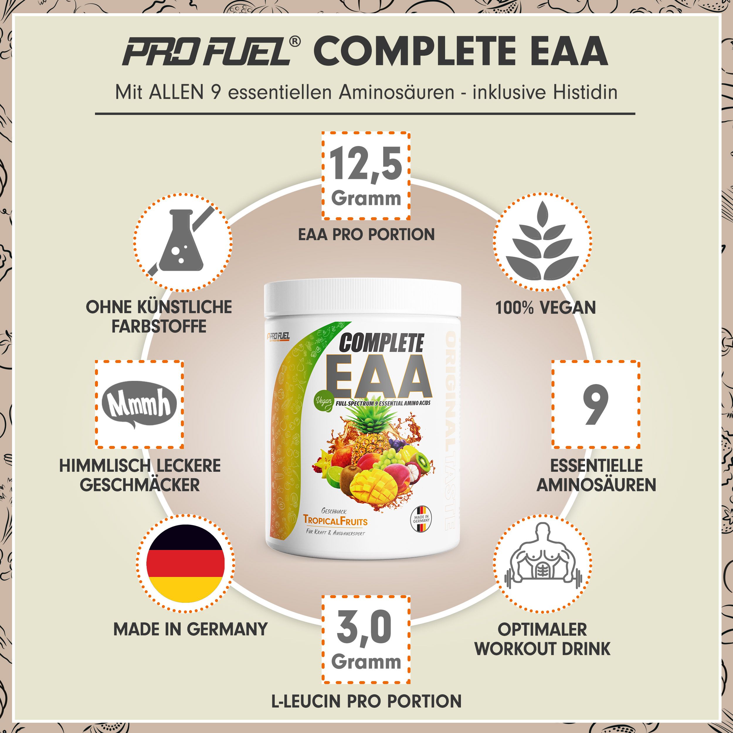 Weißes Produktglas mit Aufschrift COMPLETE EAA und Illustrationen. Text: 12,5 Gramm EAA pro Portion, 100% vegan, 9 essentielle Aminosäuren.