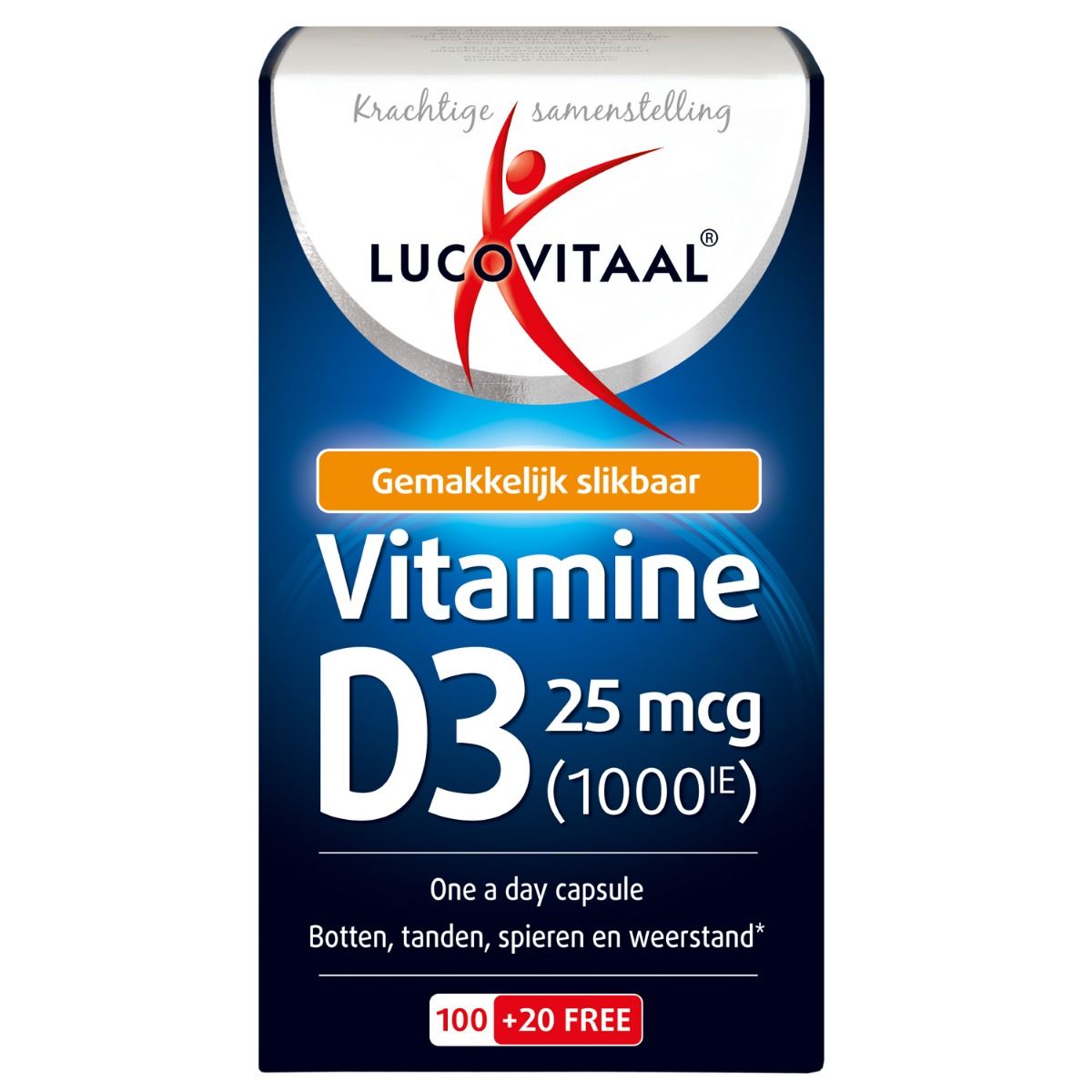 Verpackung von Lucovitaal Vitamin D3. Blaue Schachtel mit Produktinformationen und Logo. Enthält 100+20 Kapseln.