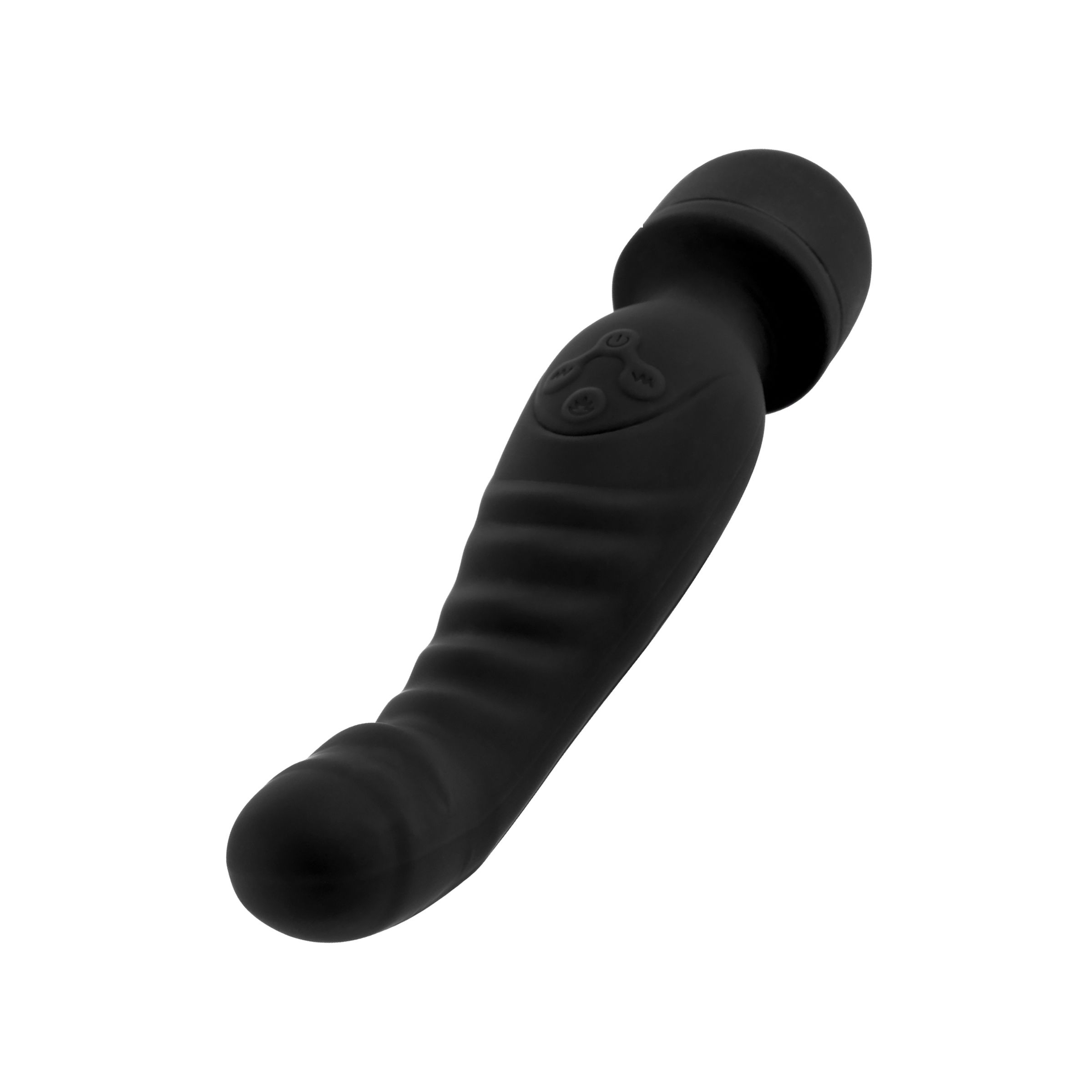 Schwarzes Wellness-Produkt mit abgerundetem Kopf und geriffeltem Schaft. Das Produkt ist leicht gebogen.