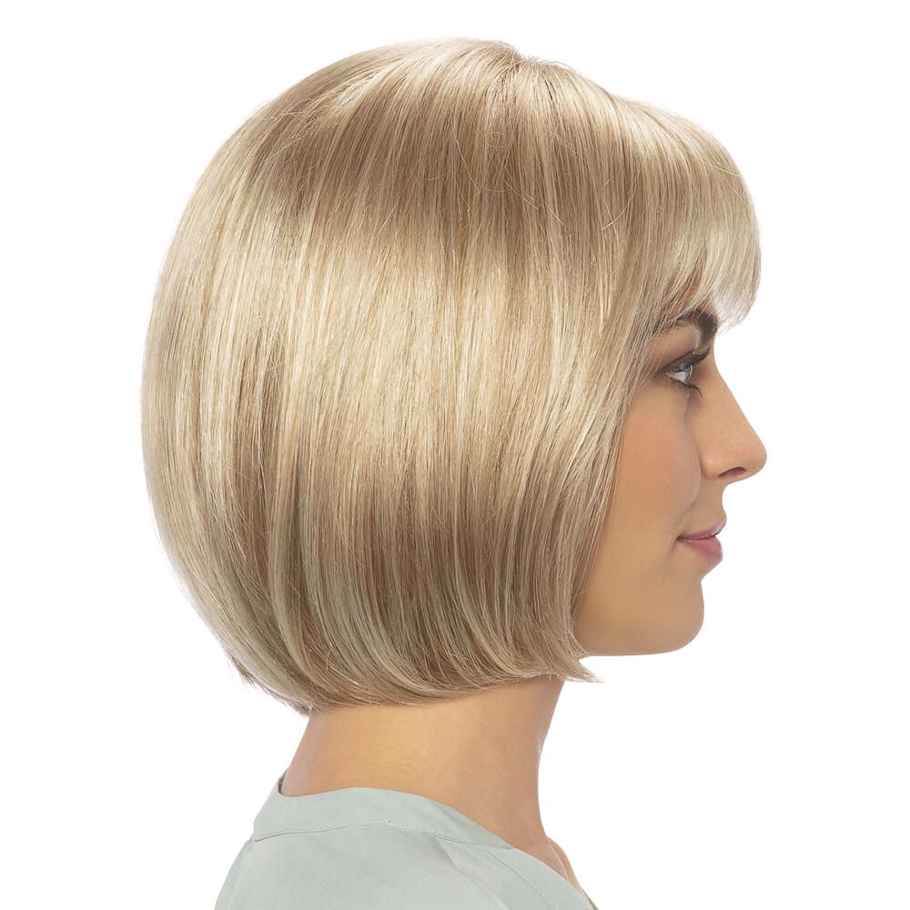 Blonde Perücke, Seitenansicht. Kurze, glatte Haare mit Pony.