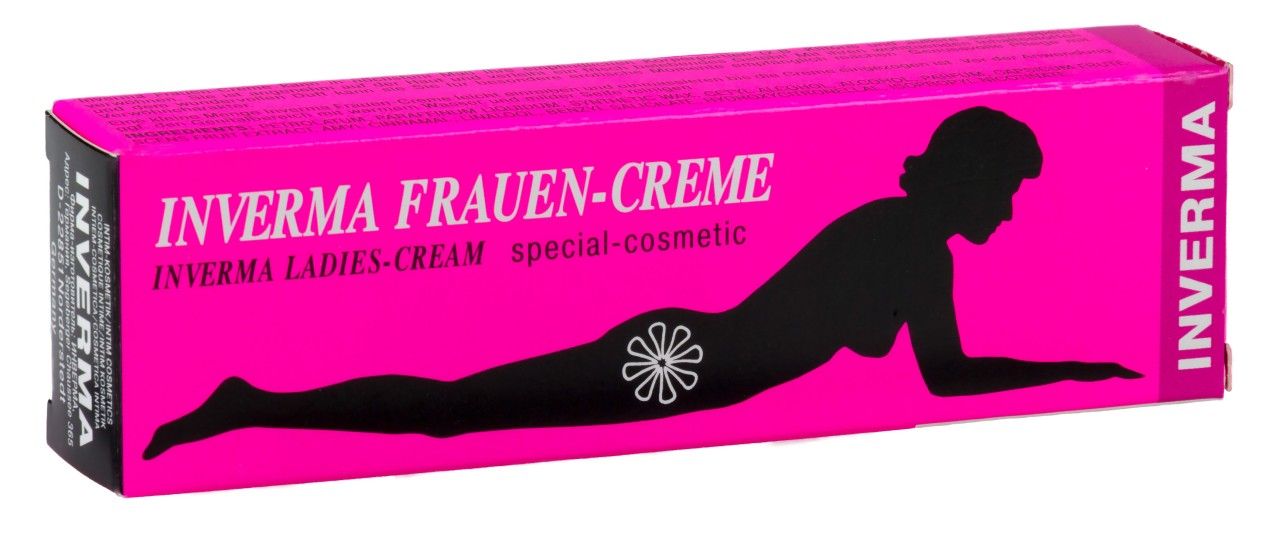 Rosa Schachtel mit schwarzer Silhouette und Schriftzug INVERMA FRAUEN-CREME. Spezialkosmetik.