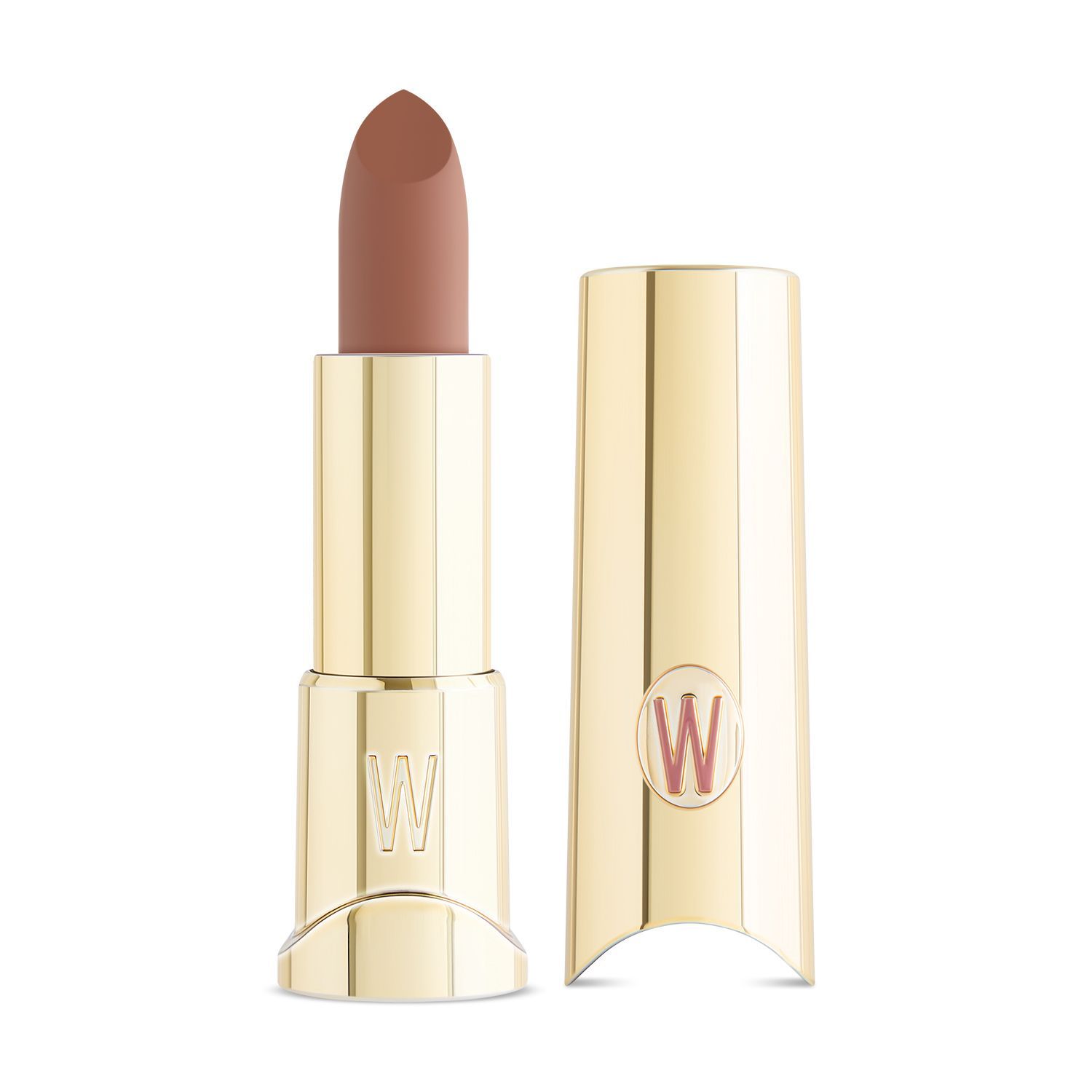 Rossetto aperto. Astuccio dorato con logo "W" rosa. Rossetto in tonalità marrone.
