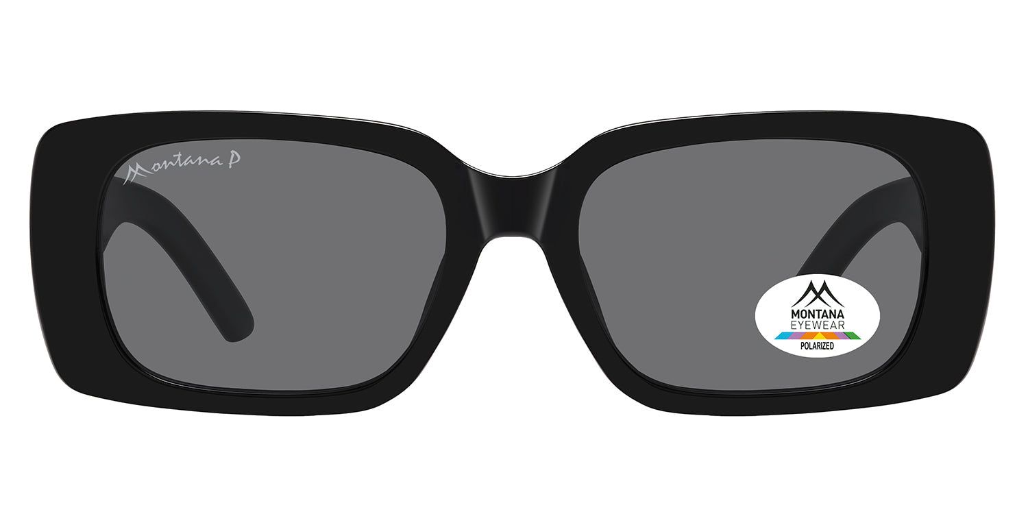 Schwarze Sonnenbrille mit rechteckigen Gläsern. Montana Eyewear Logo auf dem Glas. Polarisierte Gläser.