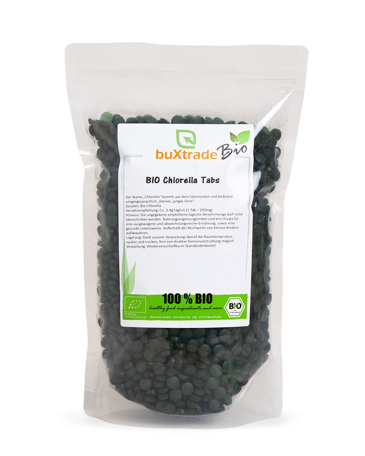 Ein Beutel mit buXtrade Bio Chlorella Tabs, 100% BIO.