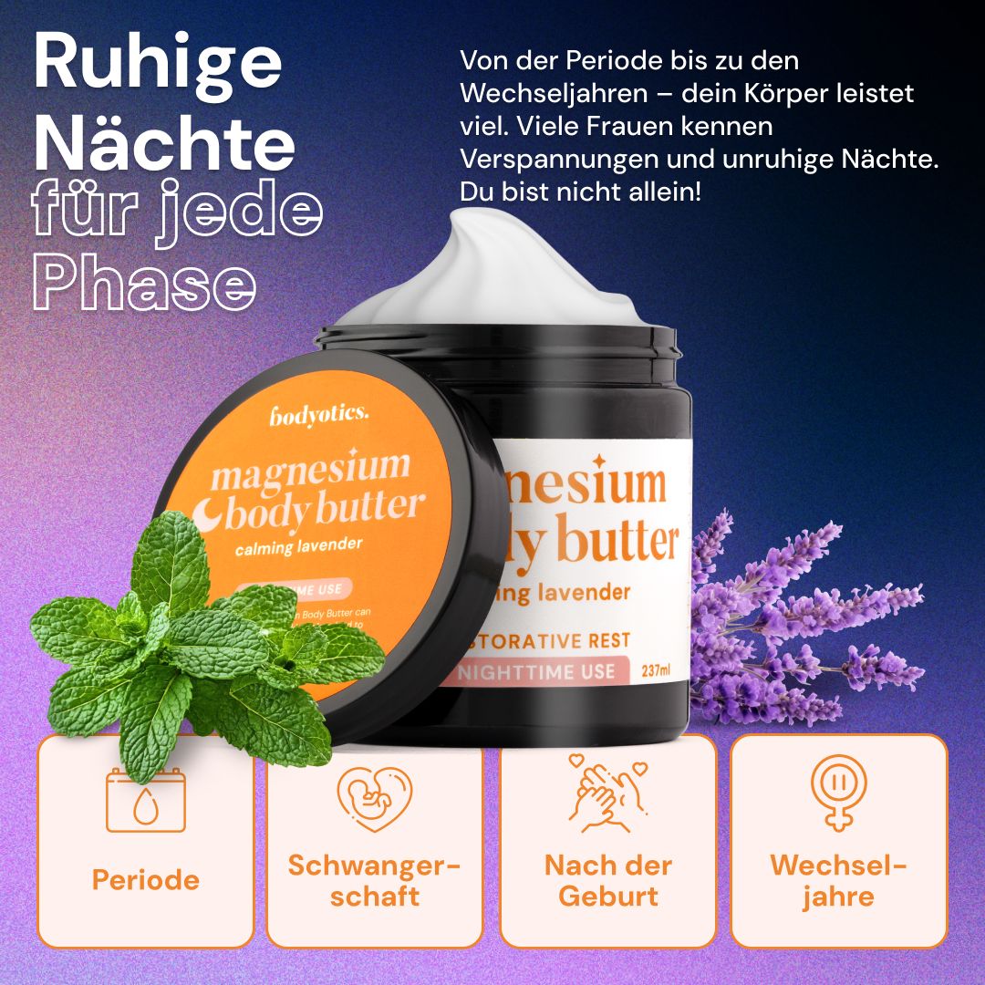 Bodyotics Magnesium Körperbutter für jede Lebensphase, mit Lavendel.