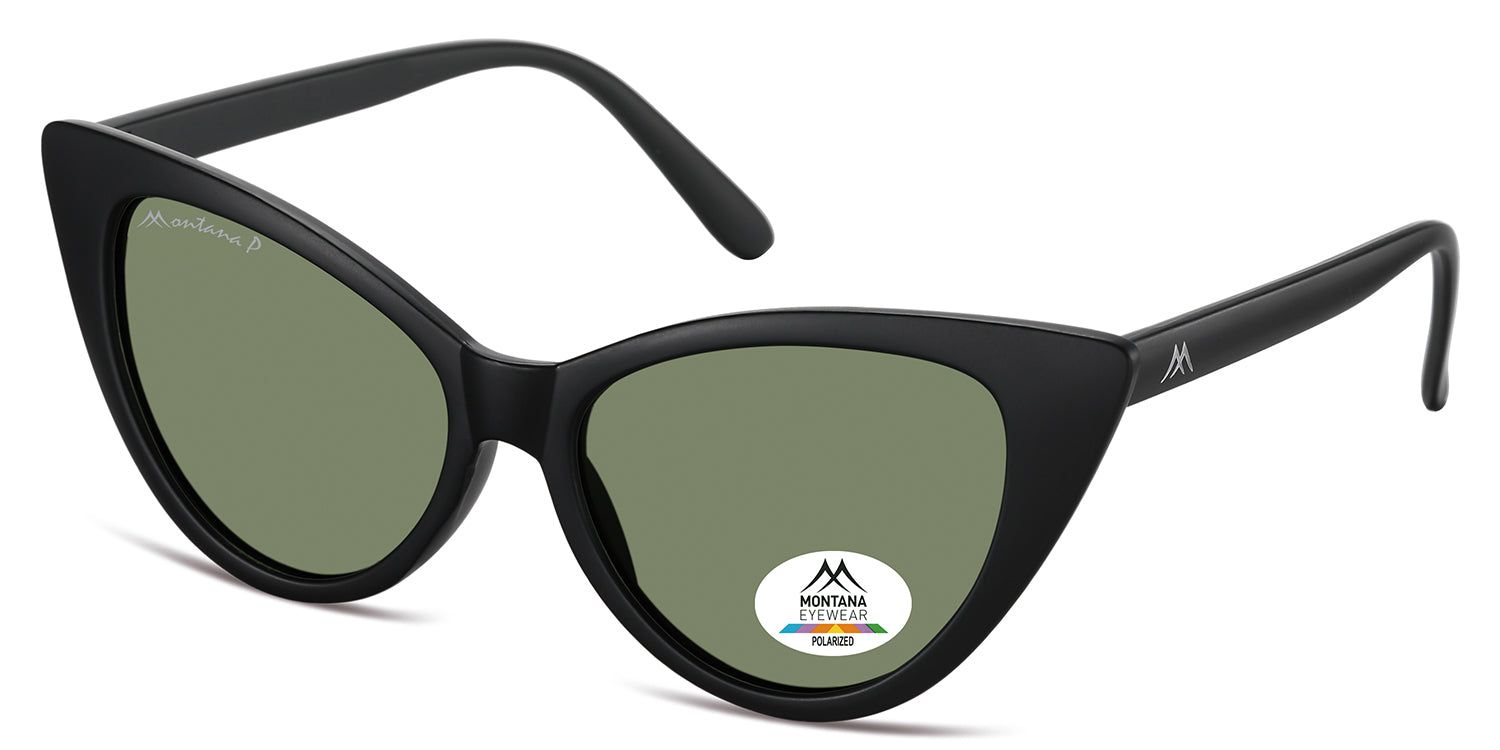 Schwarze Sonnenbrille mit grünen Gläsern. Montana Eyewear Logo auf dem Bügel und Glas. Polariertes Glas.