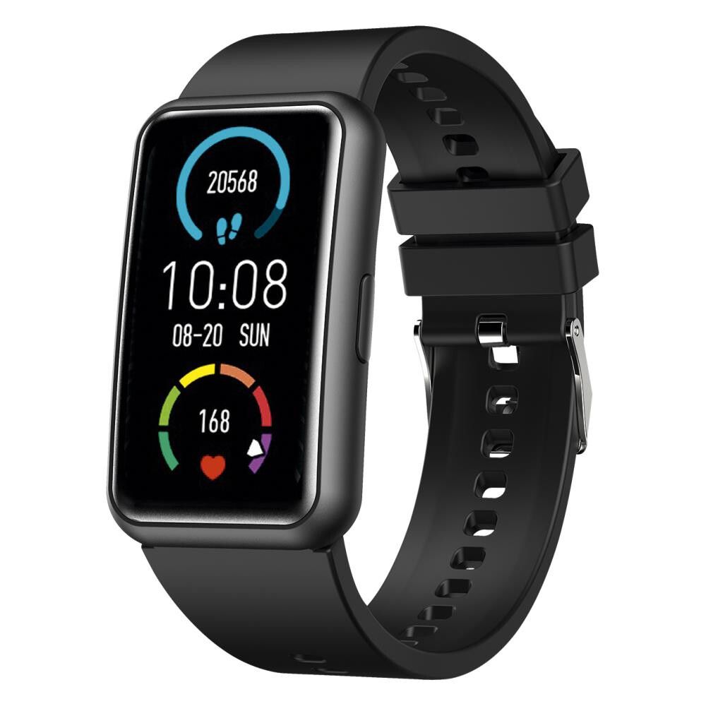 Schwarze Smartwatch mit rechteckigem Display. Zeigt Uhrzeit, Datum, Schritte und Herzfrequenz. Schwarzes Armband mit Schnalle.