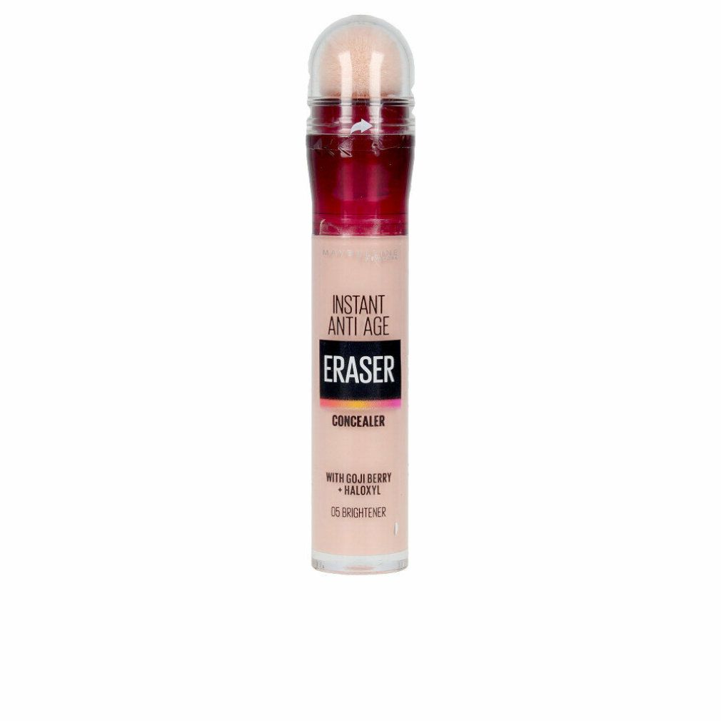 Maybelline New York Eraser Concealer. Beige Tube mit Schwamm-Applikator. Text: Instant Anti-Age, Eraser, Concealer, 05-Eye Brightener.