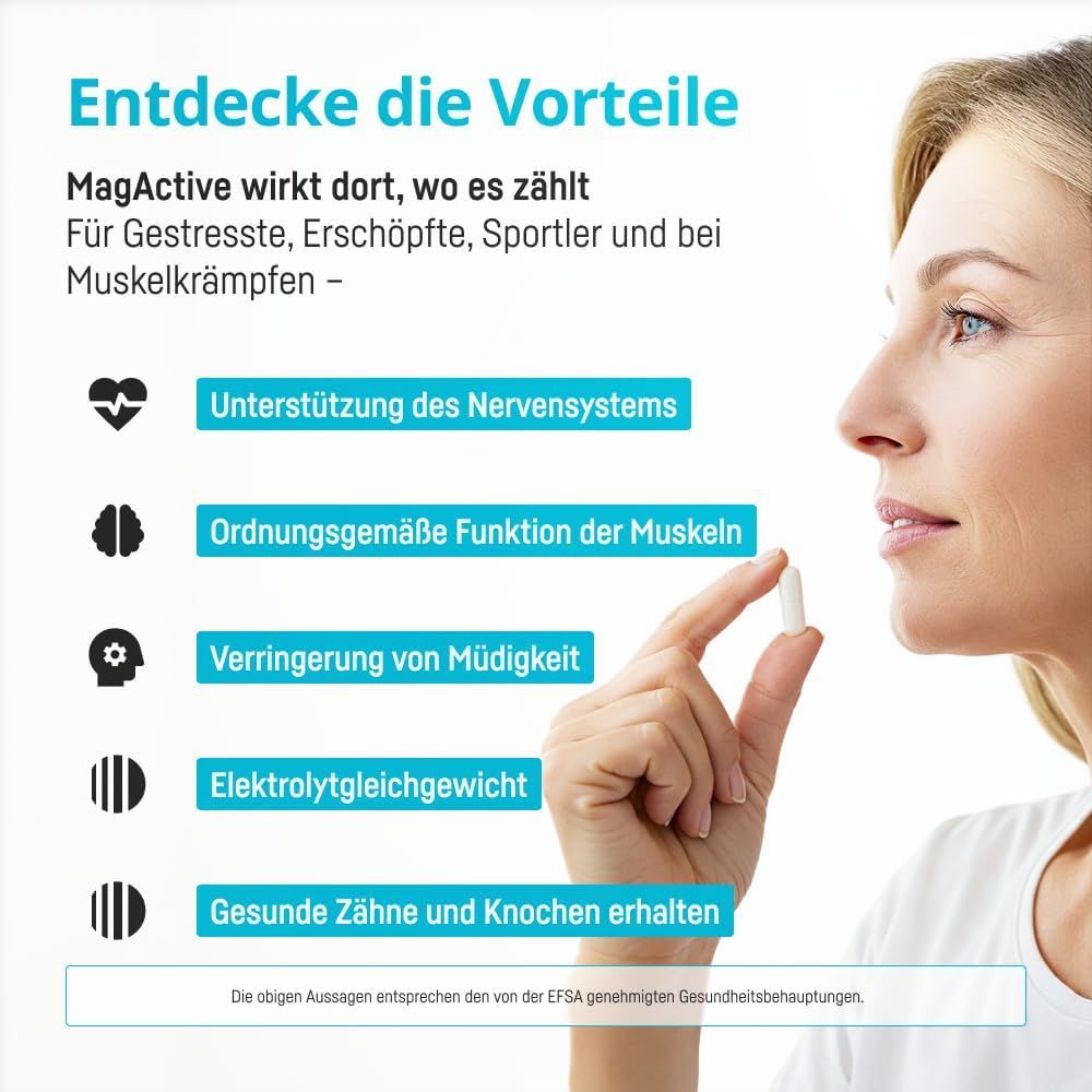 Frau hält eine Kapsel von Bio Medical Pharma MagActive Magnesium Komplex mit Vitamin B6.