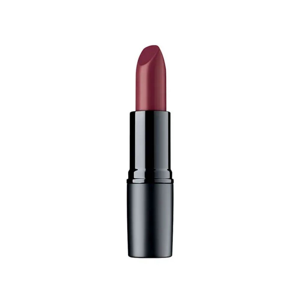Lippenstift mit dunkelroter Spitze und schwarzem Gehäuse. Geöffnet, sichtbar.