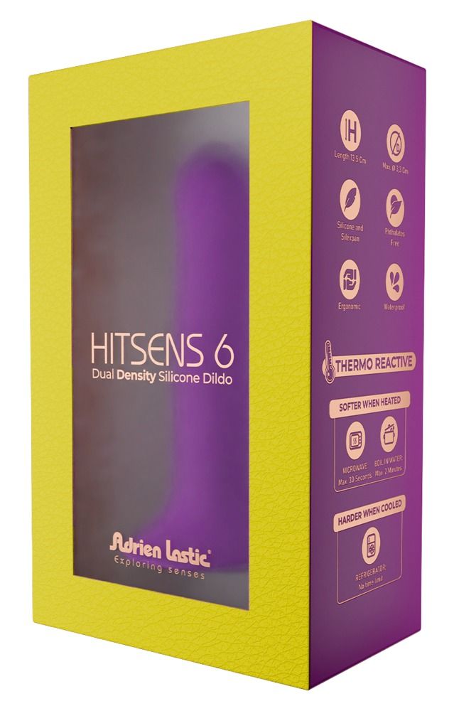 Gelbe Verpackung mit lila Dildo. Aufschrift: Hitsens 6, Dual Density Silicone Dildo. Marke: Adrien Lastic. Thermo Reactive.
