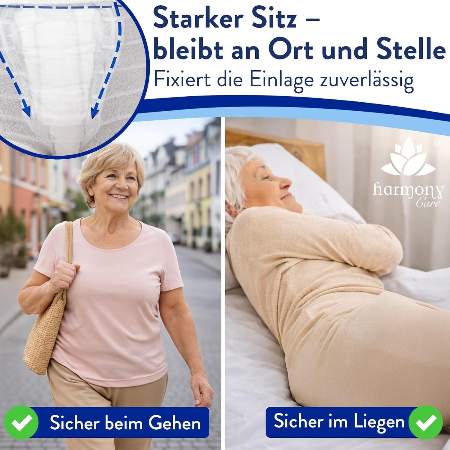 Fixierhose hält Einlagen sicher an Ort und Stelle. Sicher beim Gehen und Liegen.