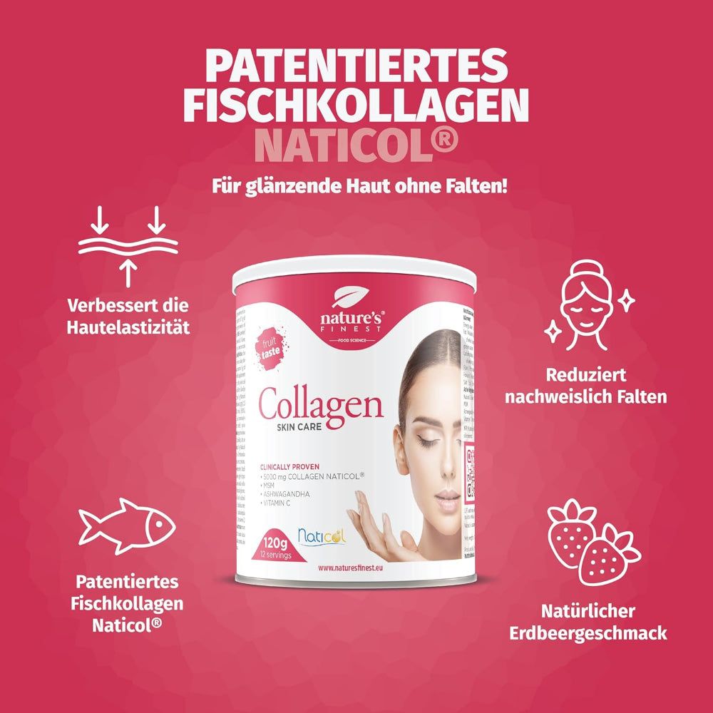 Frau hält Dose Kollagen SkinCare. Text: Naticol Kollagen, MSM, Ashwagandha, Vitamin C. Dose mit rotem Deckel und Logo.