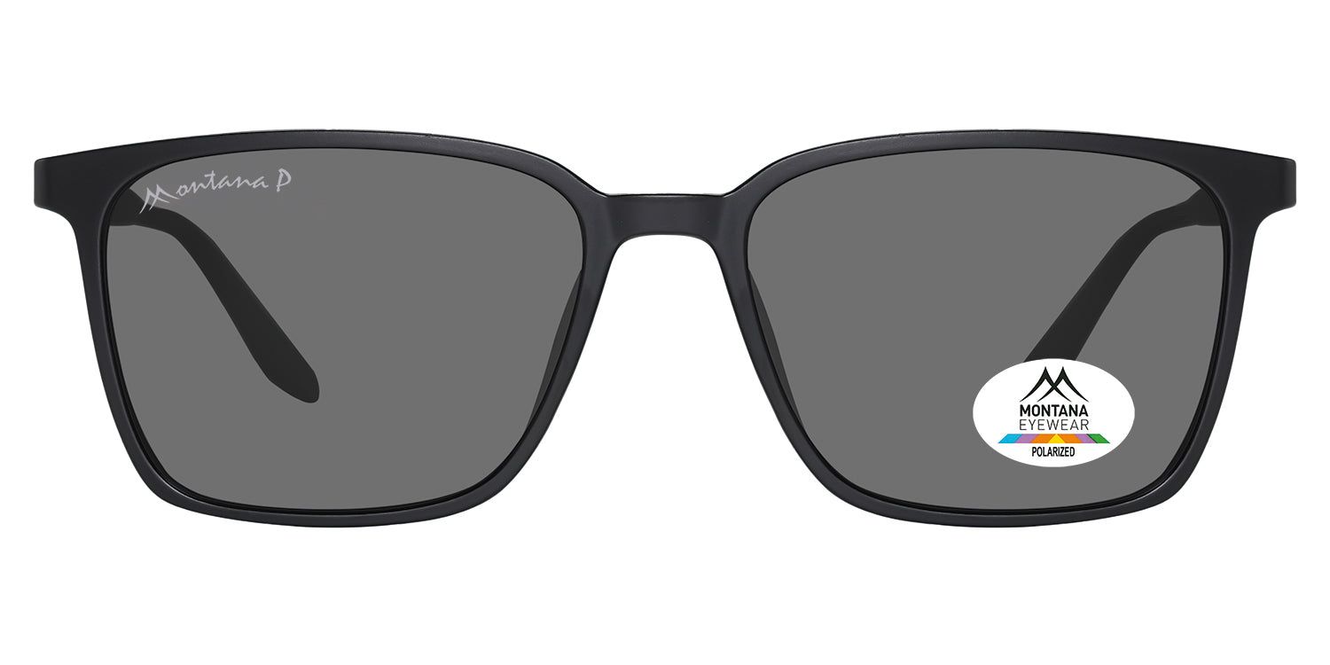 Schwarze Sonnenbrille mit rechteckigen Gläsern. Montana Eyewear Logo am Bügel und Glas. Polarisierte Gläser.