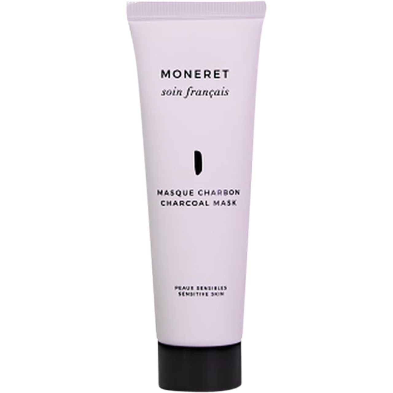 Produkt-Tube: Moneret, Masque Charbon, Charcoal Mask. Schwarzer Verschluss, weißer Tubenkörper.